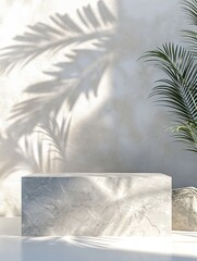 Luxury empty marble podium with tropical leaves and plant shadow on white wall for product placement display.