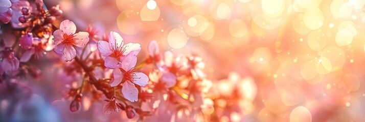 Panoramic spring background with beautiful pink cherry blossoms, bokeh background