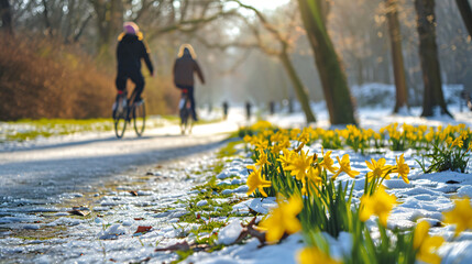 Fototapeta premium Winter to Spring Transition in Park Landscape with Melting Snow and Emerging Greenery