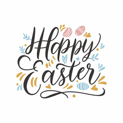 Happy Easter Text With Beautiful Colorful Flowers Bouquet Border Shot From Directly Above Over Black Dark Texture Background, isolated on white