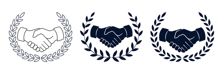 Icon logo, handshake emblem. The concept of concluding a deal, agreement, contract, agreement, successful negotiations. Linear isolated black and white drawing. Vector illustration.