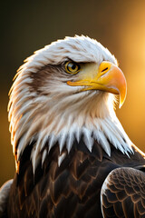 Close up portrait of a bald eagle, golden backlight