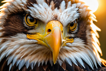 Close up portrait of a bald eagle, golden backlight
