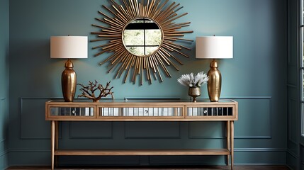 A decorative console table with a statement mirror.