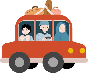 muslim family mudik travelling to celebrate eid mubarak cartoon