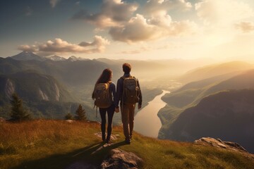 Romantic couple hiking together in a full shot.