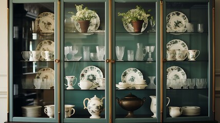 A display cabinet for showcasing fine china and glassware.