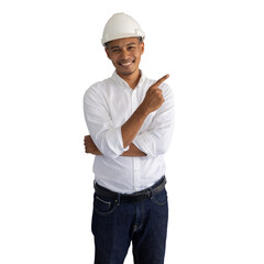 PNG style of close up indian engineer man smile while make hand gesturing point (add content) isolated on transparent background for civil and construction commercial concept