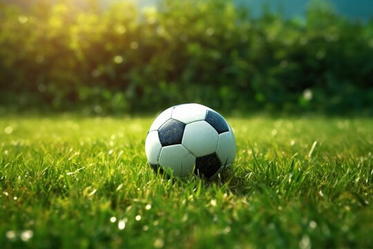 Soccer ball resting on the lush green grass of the field.