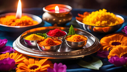 Traditional Indian Thali puja with marigolds, lit candle, incense and bokeh, Indian holidays,