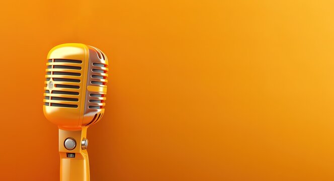 Yellow microphone on orange background front photo