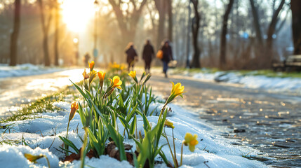 Winter to Spring Transition in Park Landscape with Melting Snow and Emerging Greenery