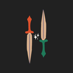 Flat fairy image of a dagger. Vector illustration in boho style, for printing on T-shirts and other items.