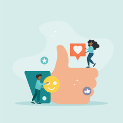 Customers give rating stars, likes and positive reviews. The key to career success. Vector illustration in flat style. Concept of leaving a comment.
