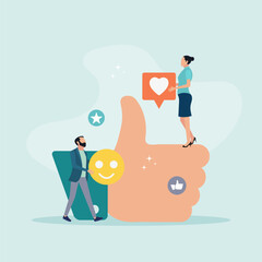 Customers give rating stars, likes and positive reviews. The key to career success. Vector illustration in flat style. Concept of leaving a comment.
