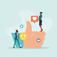 Customers give rating stars, likes and positive reviews. The key to career success. Vector illustration in flat style. Concept of leaving a comment.
