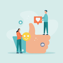 Customers give rating stars, likes and positive reviews. The key to career success. Vector illustration in flat style. Concept of leaving a comment.
