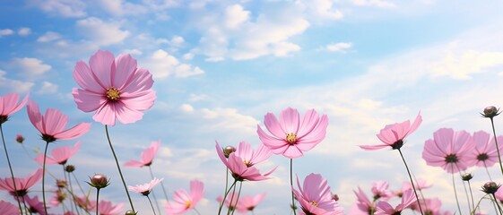 Pink cosmos flowers with sky, in morning