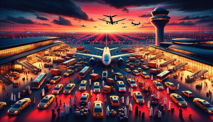 Vibrant Sunset at a Bustling Airport with Airplanes and Ground Traffic - obrazy, fototapety, plakaty