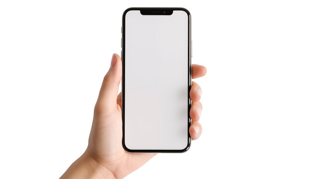 Hand holding the black smartphone with blank screen and modern frameless design, hold Mobile phone on transparent background
