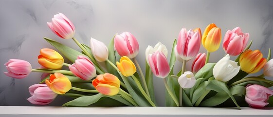 Spring tulips on a gray background with lilies. yellow and pink buds.