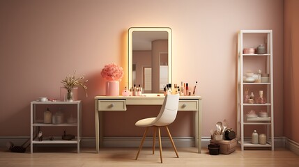 A vanity area with a mirror and makeup storage.