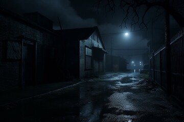 Scary dark street at night, creating an ominous atmosphere.