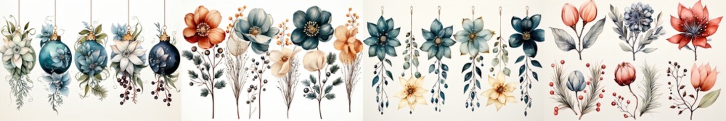 Vibrant Collection of  Floral Watercolor Illustrations, Embellished with Christmas Decorations, Isolated on White Background - obrazy, fototapety, plakaty