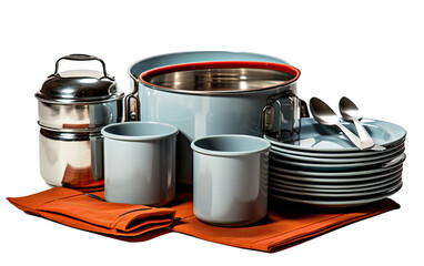 Mess Kit with Plates, Bowls, and Spoons for Portable Outdoor Meals on a White or Clear Surface PNG Transparent Background.