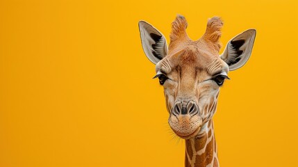 An expressive giraffe against a stark yellow background, with a direct gaze that conveys curiosity and a calm demeanor.