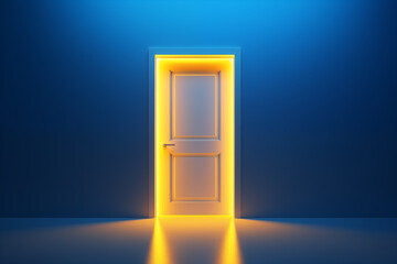Illuminated Path: 3D Render of Yellow Light Through Open Door. Generative ai