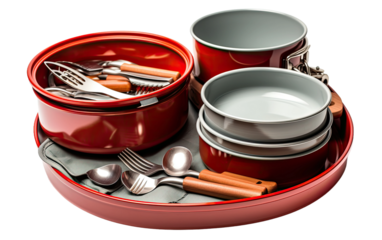 The Mess Kit with Plates, Bowls, and Spoons, Streamlined Outdoor Dining Experiences on a White or Clear Surface PNG Transparent Background.