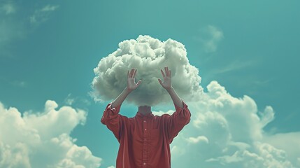 A surreal composition where a person with a cloud for a head reaches up, a metaphor for creativity, dreaming, and the power of the imagination. - obrazy, fototapety, plakaty