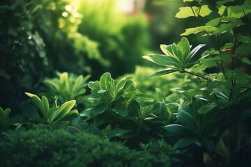 Green in dark light leaves of jungle forest, bushes background.