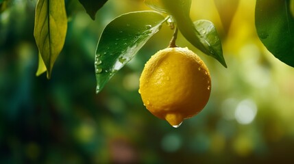 A close-up of a lemon hanging from a branch, surrounded by dark green leaves. The lemon is in sharp focus against a softly blurred background. lemon in the rain