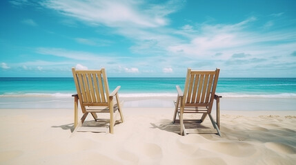 Fototapeta na wymiar wooden deck chair on the background of the ocean beach.