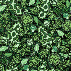 Hawaiian Green and Black Poison Dart Frog Psychedelic Seamless Pattern, Trippy Art Fantasy Mushrooms and Reptilian - 714688201