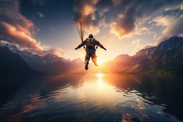 Skydiver flying over water during sunset with mountains