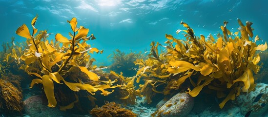 Fototapeta na wymiar Underwater perspective of yellow kelp growth.
