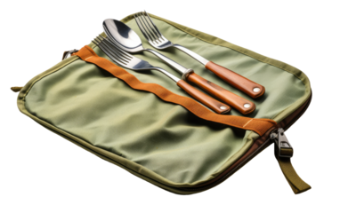 The Utensil Set, Equipped with Foldable Fork, Spoons, and Knives for Outdoor Exploration on a White or Clear Surface PNG Transparent Background.