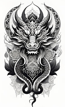 Vector illustration, Asian (Chinese) dragon tattoo template, Asian patterns and ornaments, hand drawn sketch, Asian (Chinese) dragon mask, backgrounds for smartphone,