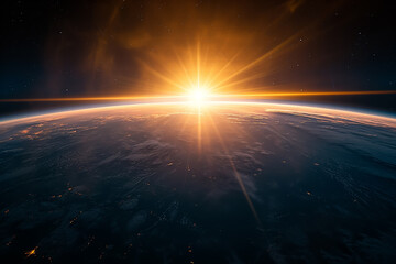 The planet earth and sun light view from space  - obrazy, fototapety, plakaty