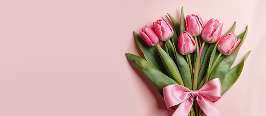 Pink tulips bouqet, spring flowers with pink ribbon bow, on pink background. Women's Day, Mother's Day, Valentine's Day panoramic banner,  background, copy space, top down. Generative AI.
