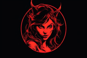 Demon woman logo of sexy devil isolated on black background. Generative AI illustration.