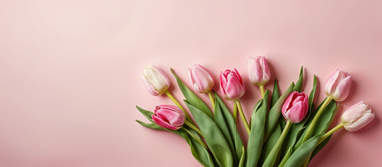 Pink tulips bouqet, spring flowers, on pink background. Women's Day, Mother's Day, Valentine's Day panoramic banner,  background, copy space, top down. Generative AI.