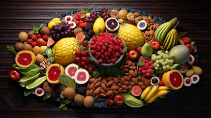 A large platter of fresh fruits, including dates, watermelon, and mangoes, commonly served during Ramadan to provide a refreshing and healthy option for breaking fast