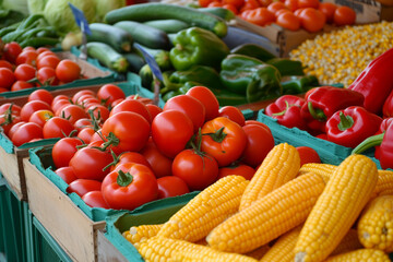 Fresh produce like tomatoes, peppers, and corn arranged in a vibrant display at a farmer's market