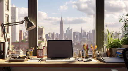 A tidy desk with a laptop and stationery set against a window with a picturesque cityscape