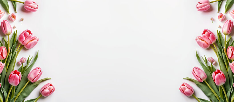 Frame of pink tulips, spring flowers on white background. Women's Day, Mother's Day, Valentine's Day panoramic banner, background, copy space, top down. Generative AI.