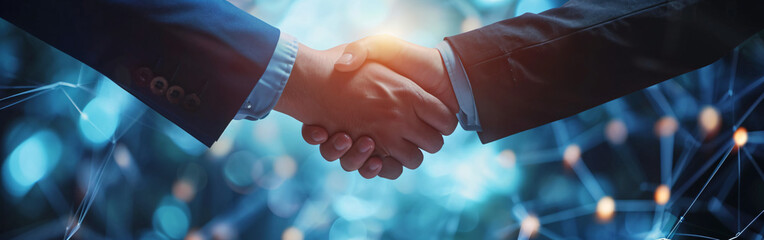 Close-Up of Business Handshake against Technology Background - Leadership and Teamwork Concept - obrazy, fototapety, plakaty